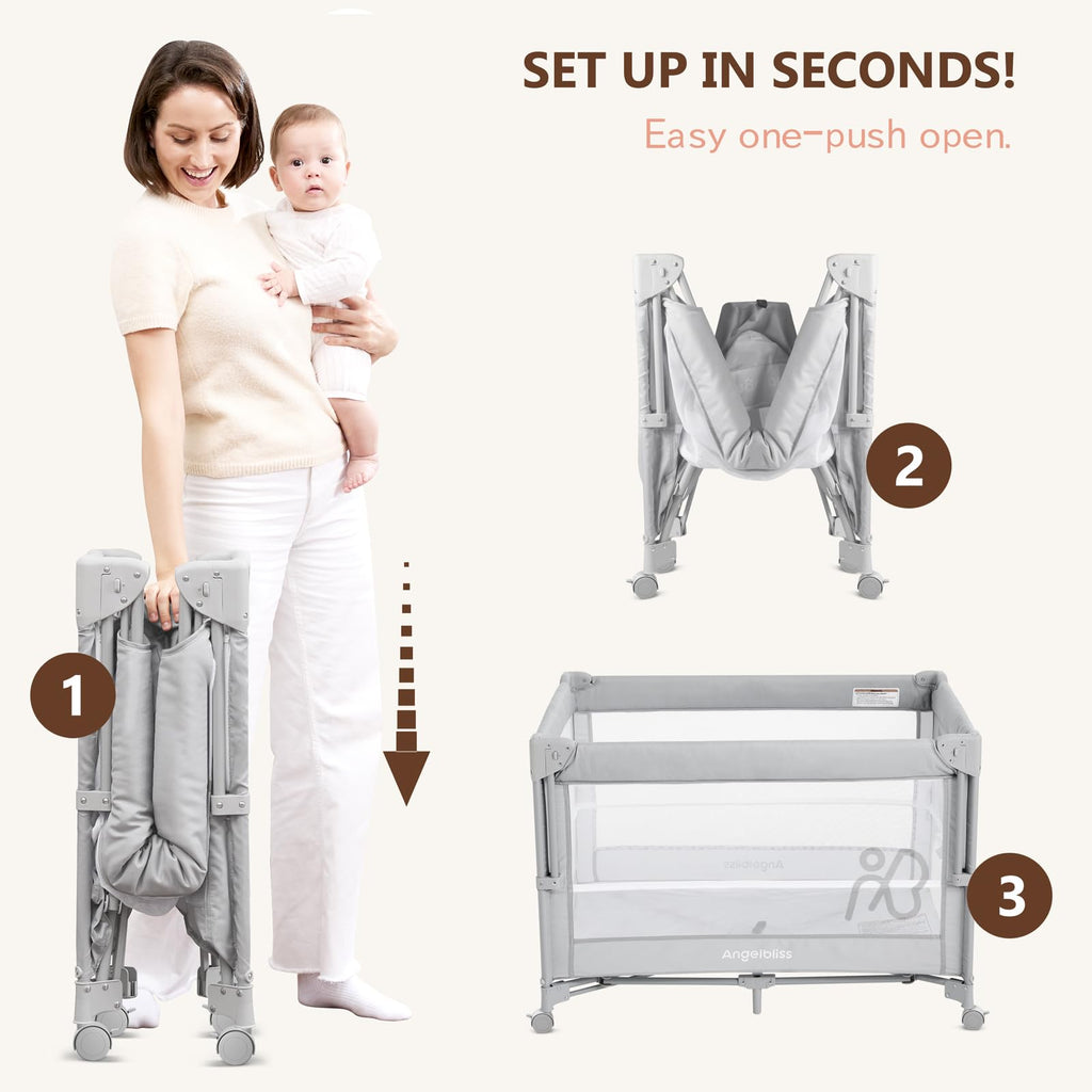 Pack and Play, Baby Bassinet Bedside Crib with Changer, Grey P206