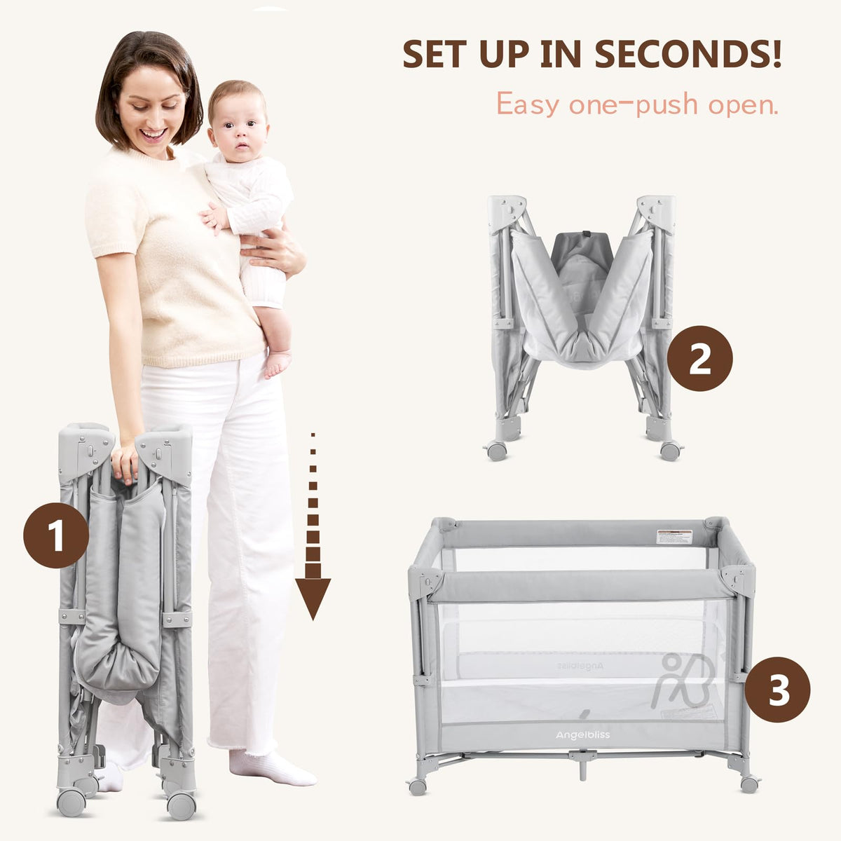 Pack and Play, Baby Bassinet Bedside Crib with Changer, Grey P206