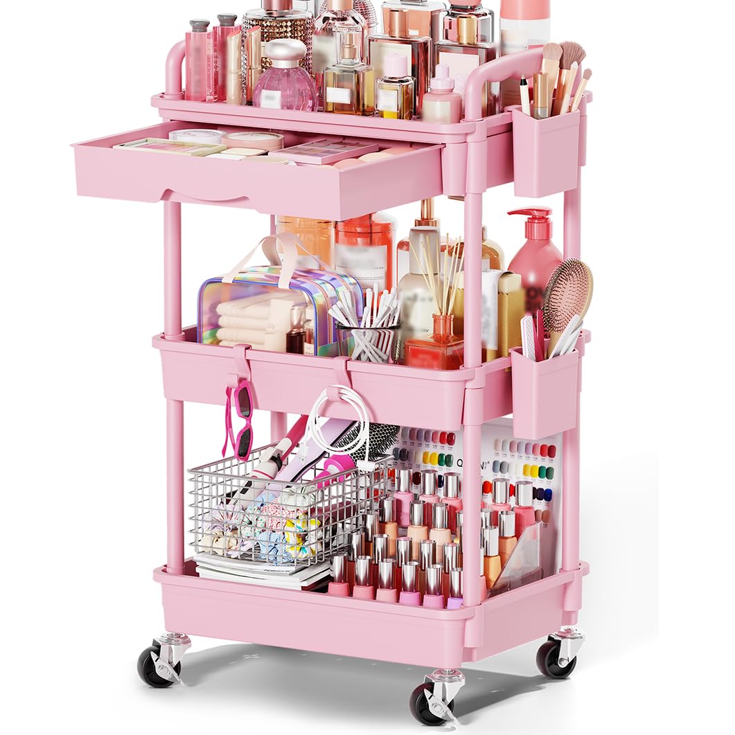 Pink 3 Tier Rolling Makeup Organizer Cart M52657