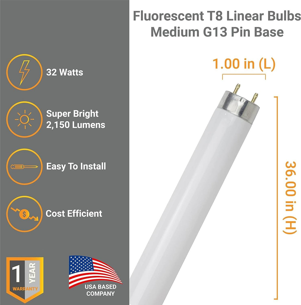 25W 2300 Lumen 3000K Soft White T8 Fluorescent Tube Light Bulb Pack of 30 D225