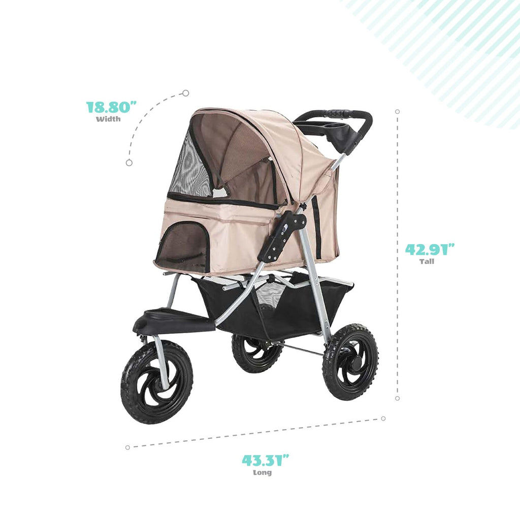 3-Wheel Dog Stroller with Storage Basket and Cup Holders, Tan C46401