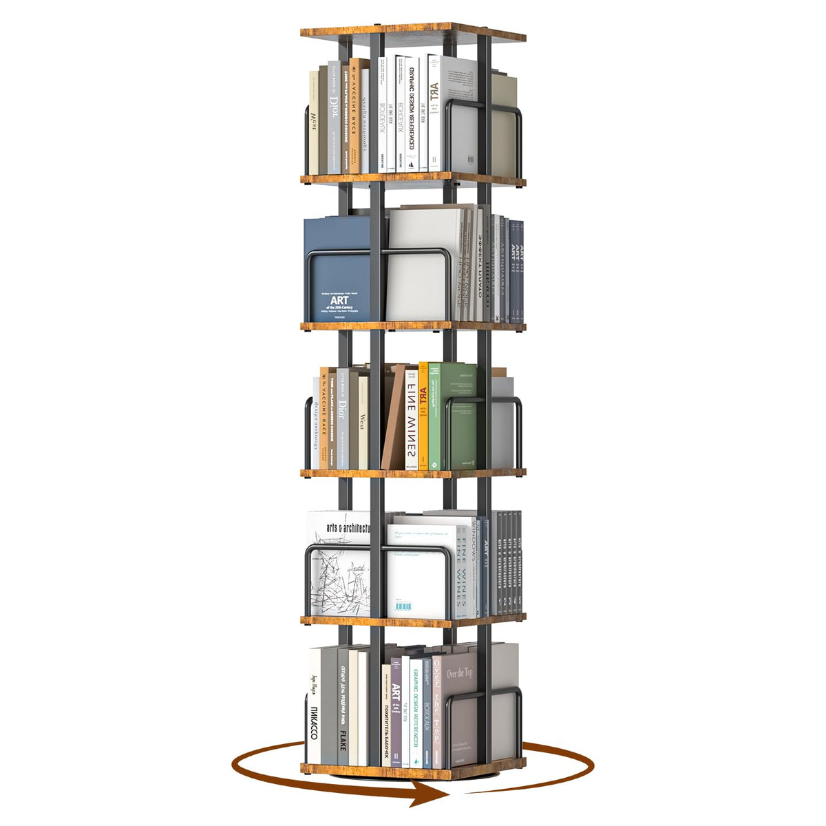5-Tier Rotating Bookshelf with Metal Guardrails I726640