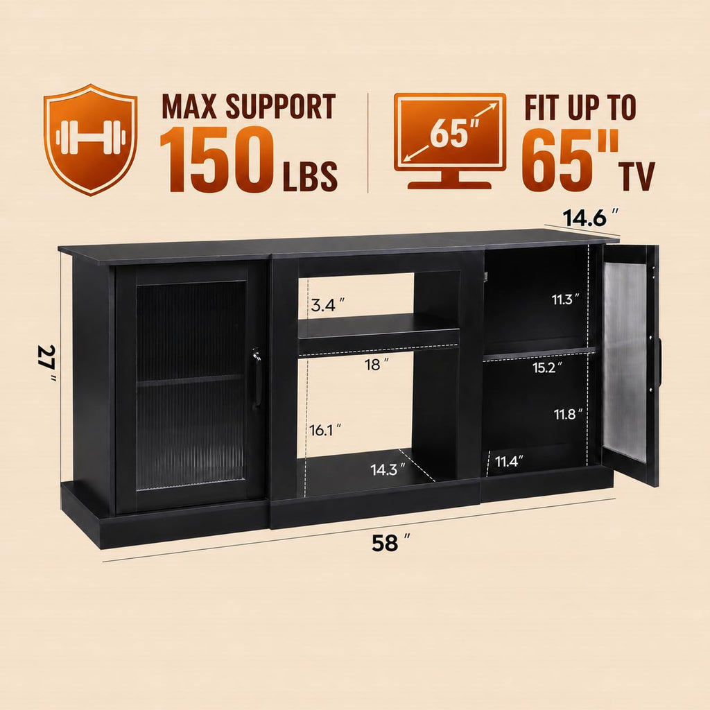 Black 58" TV Stand with Storage Cabinets and Adjustable Shelves A36333