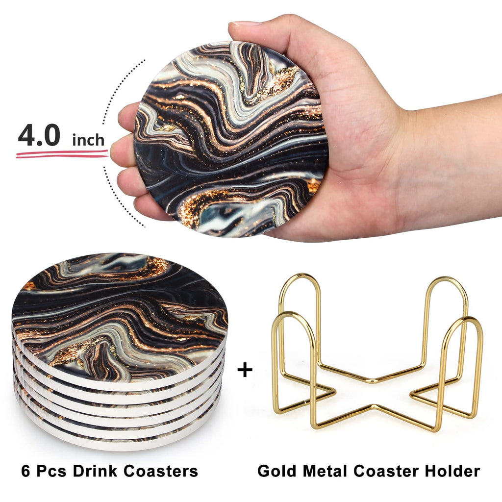 Black and Gold Marble Coasters with Holder G387