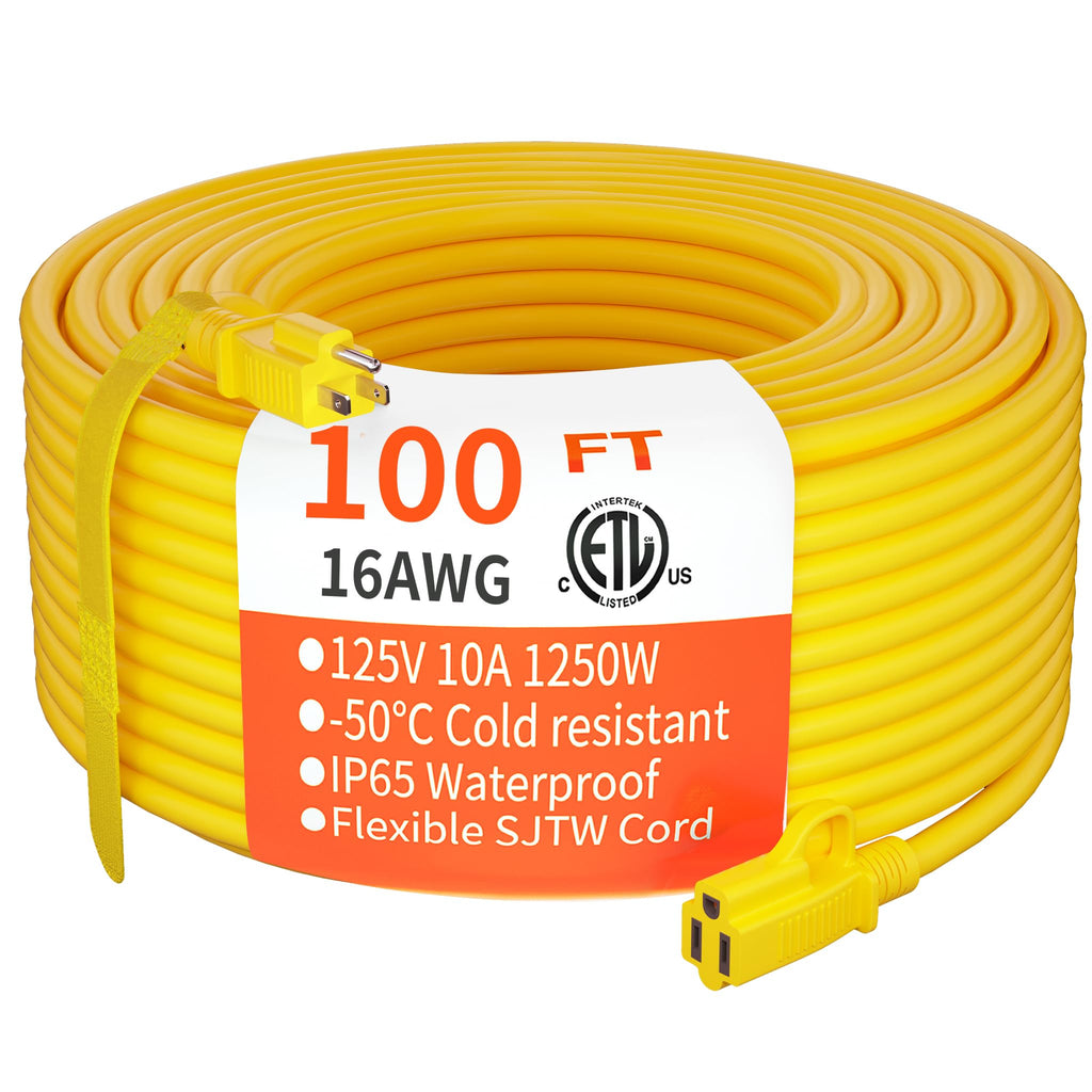 Yellow Indoor Outdoor Extension Cord 100 FT 16/3 Gauge C2171