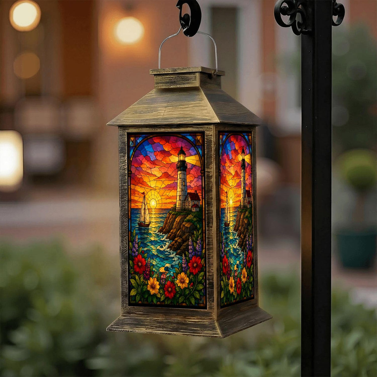 Solar Lantern Outdoor Waterproof Stained Glass Effect LED Hanging Tabletop Lamp I962676