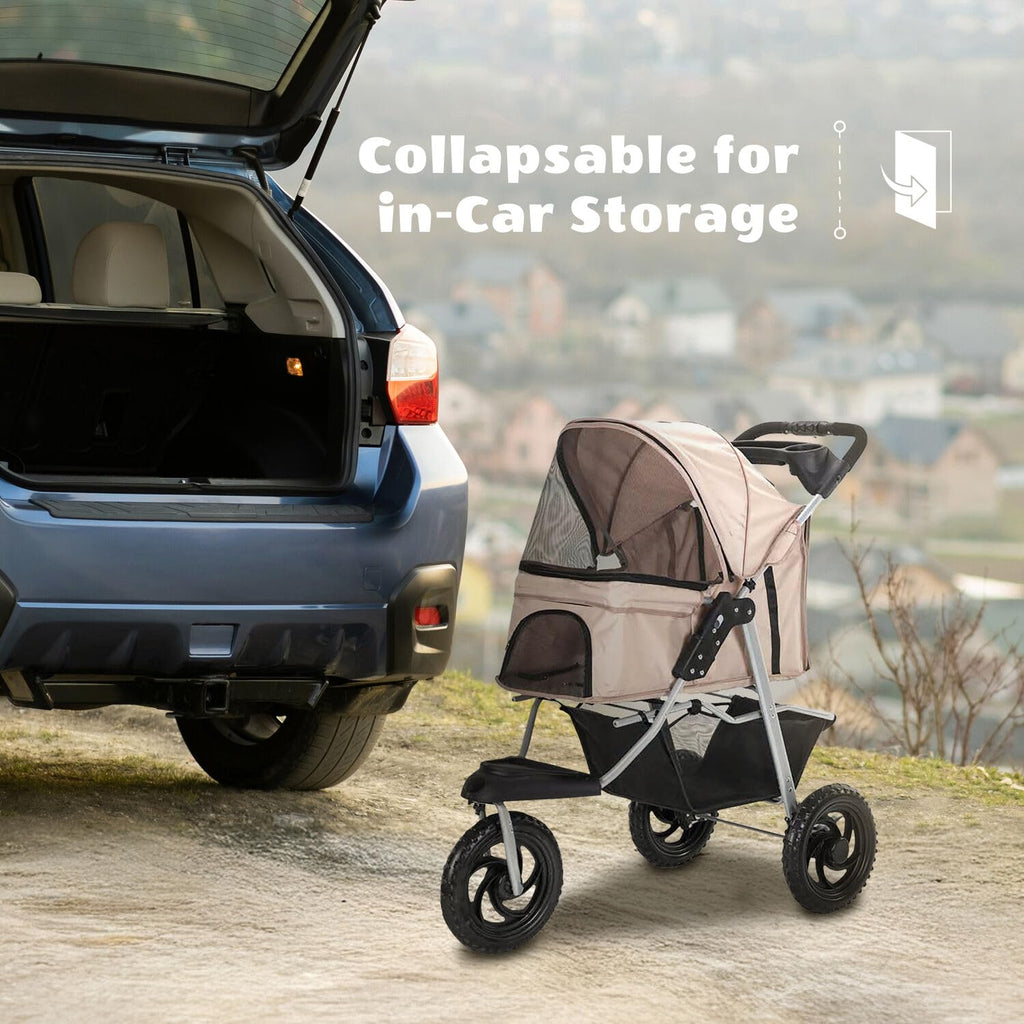 3-Wheel Dog Stroller with Storage Basket and Cup Holders, Tan C46401