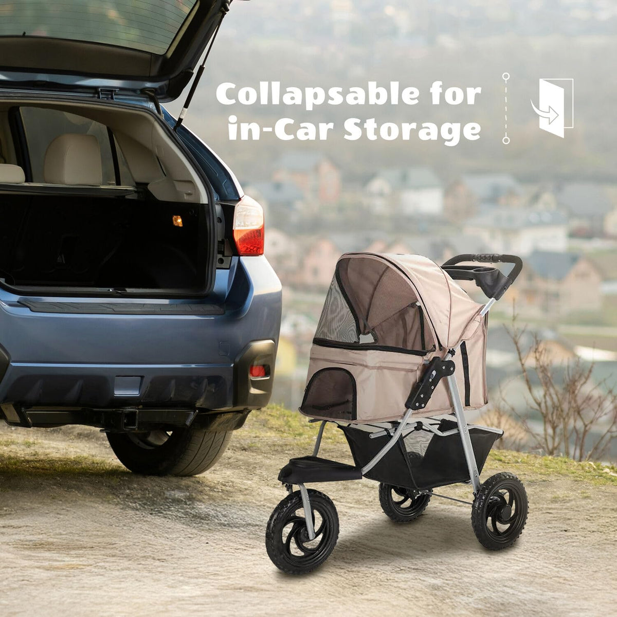 3-Wheel Dog Stroller with Storage Basket and Cup Holders, Tan C46401