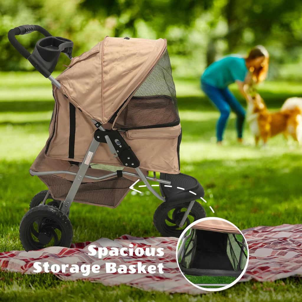 3-Wheel Dog Stroller with Storage Basket and Cup Holders, Tan C46401