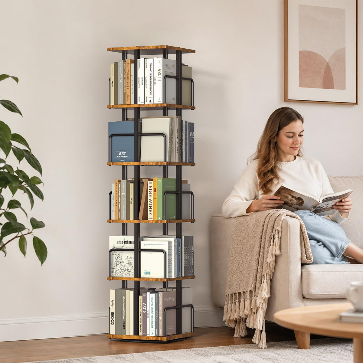 5-Tier Rotating Bookshelf with Metal Guardrails I726640