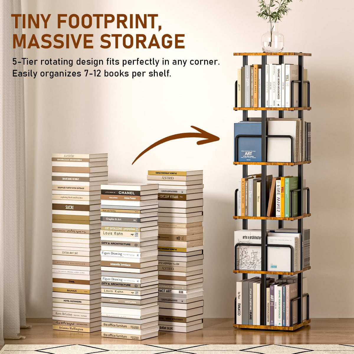 5-Tier Rotating Bookshelf with Metal Guardrails I726640