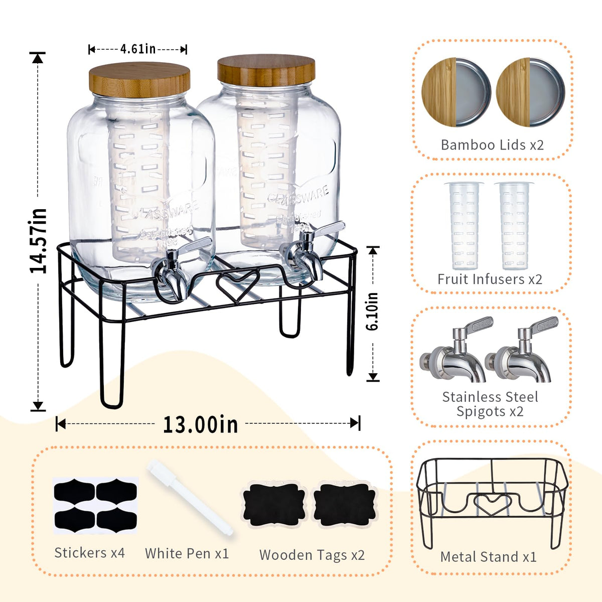 2 Pack 1 Gallon Glass Drink Dispenser with Stand and Fruit Infuser L47462