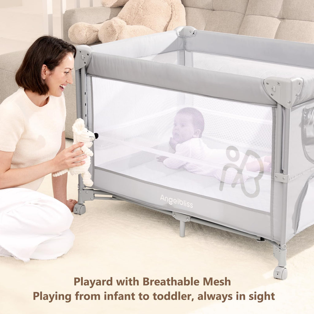 Pack and Play, Baby Bassinet Bedside Crib with Changer, Grey P206