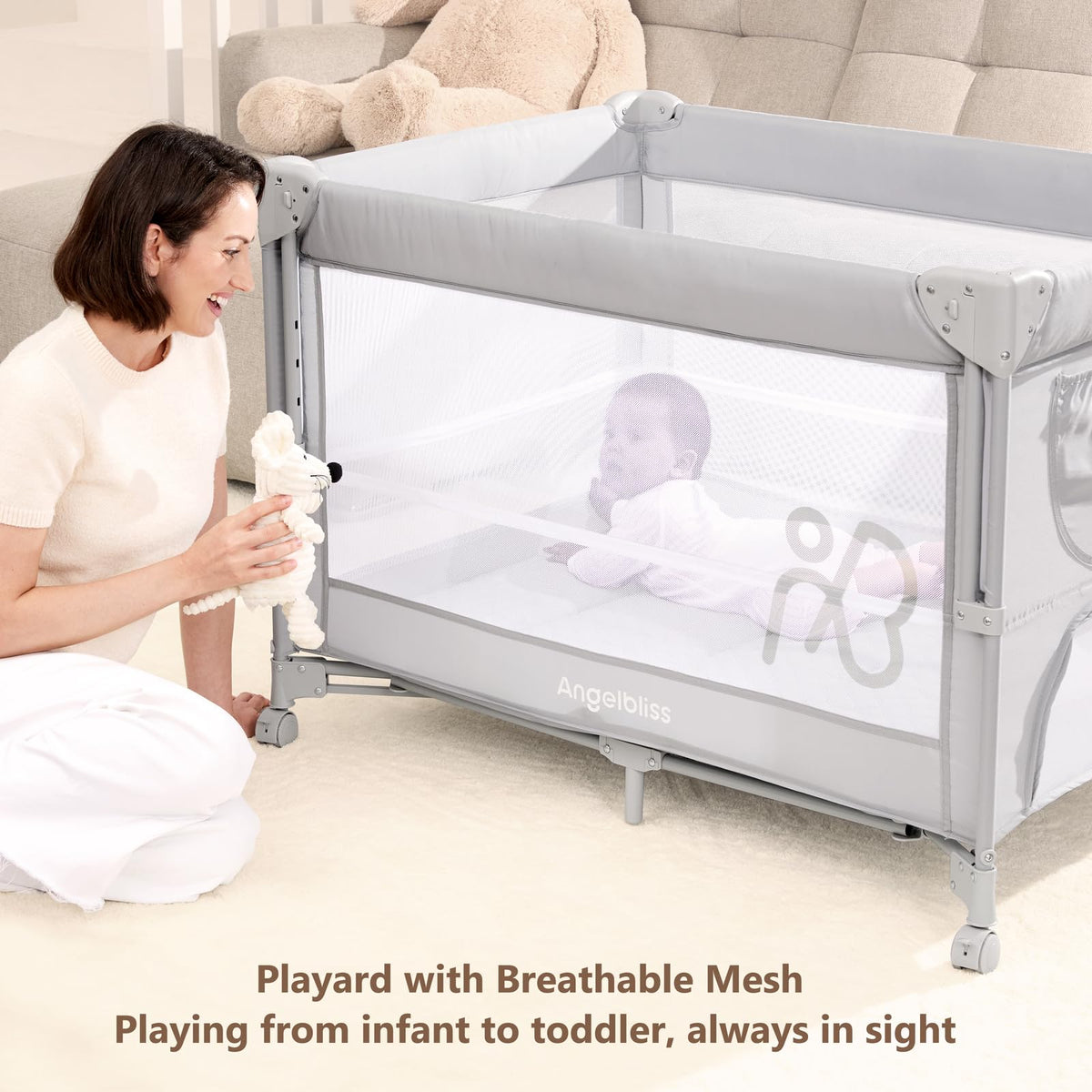 Pack and Play, Baby Bassinet Bedside Crib with Changer, Grey P206