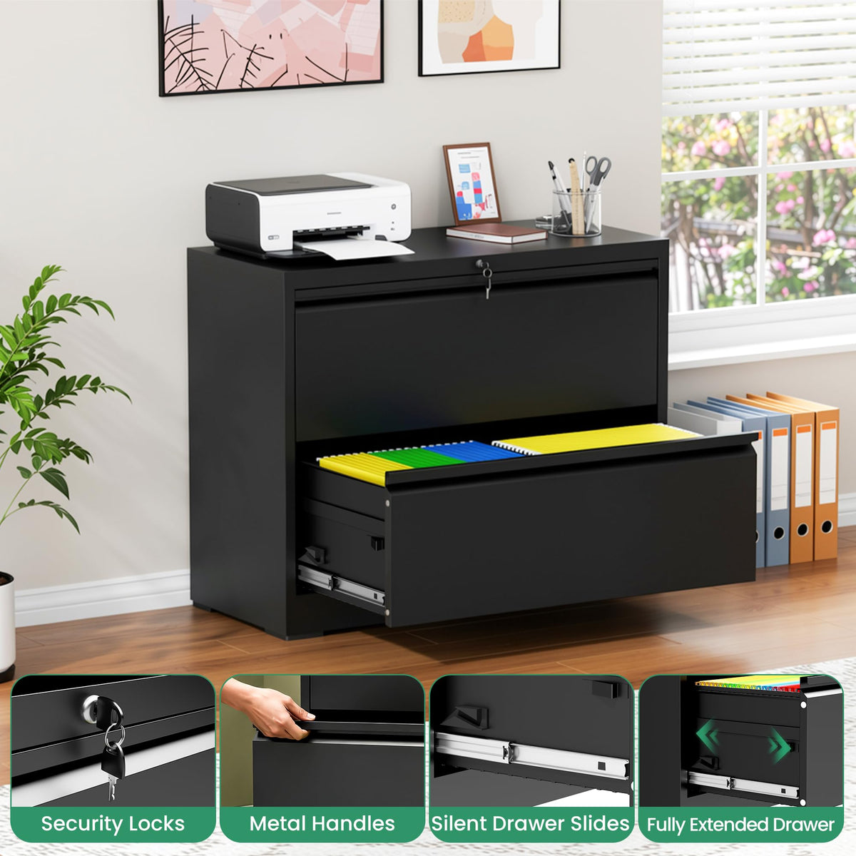 Black 2 Drawer Metal Lateral File Cabinet with Lock U93313