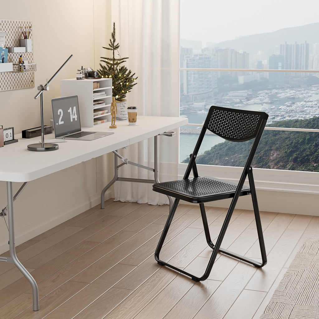 Black Plastic Folding Chairs with Mesh Seat, 10 Pack L39742