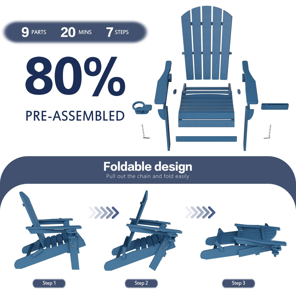 Folding Adirondack Chair Set of 2 with Cup Holder Navy Blue U9213