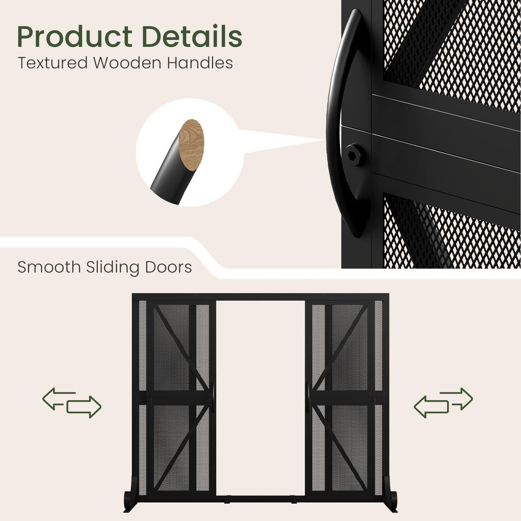 Black Wrought Iron Mesh Fireplace Screen with Sliding Doors O85635