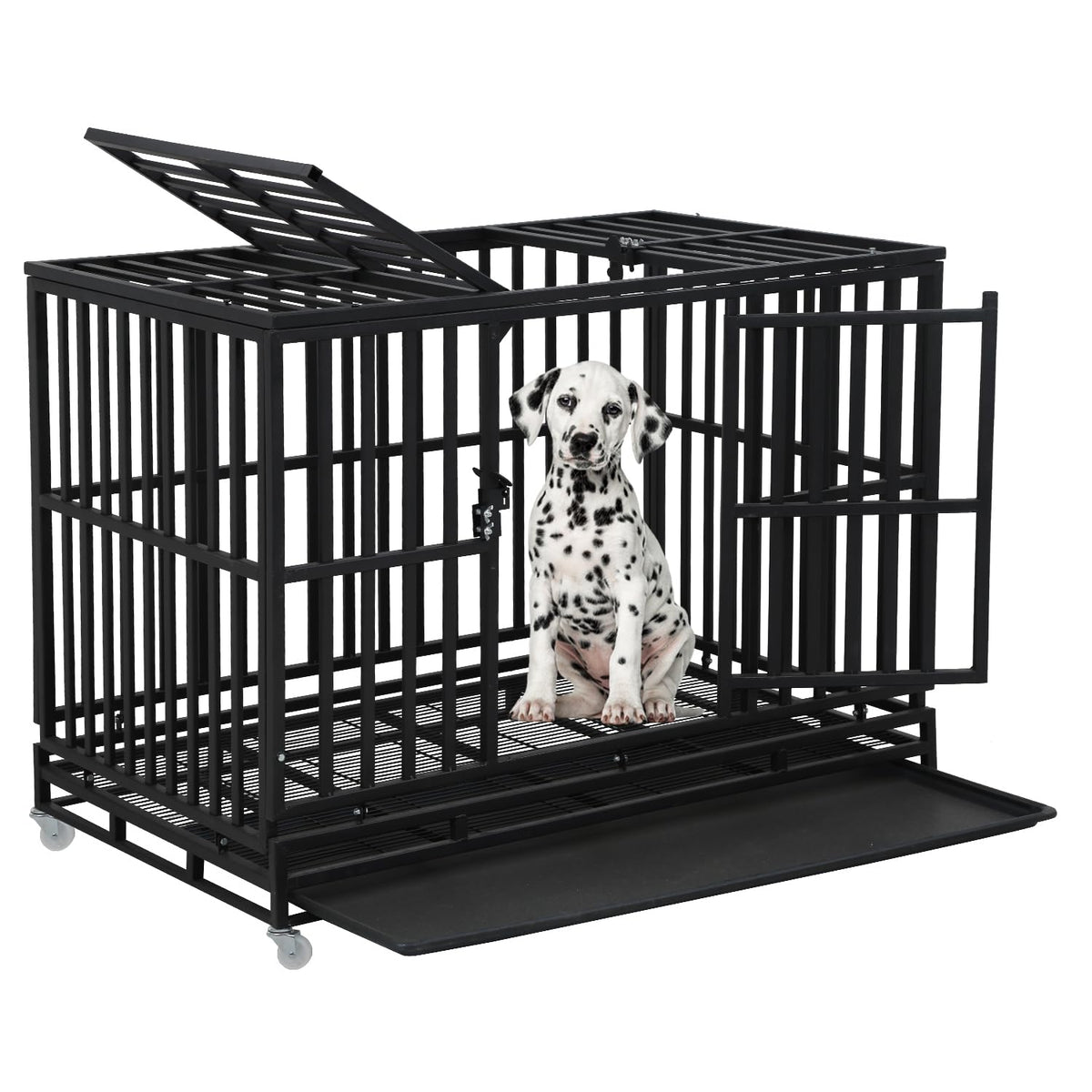 48 Inch Heavy Duty Dog Crate with Plastic Tray Double Doors O59991