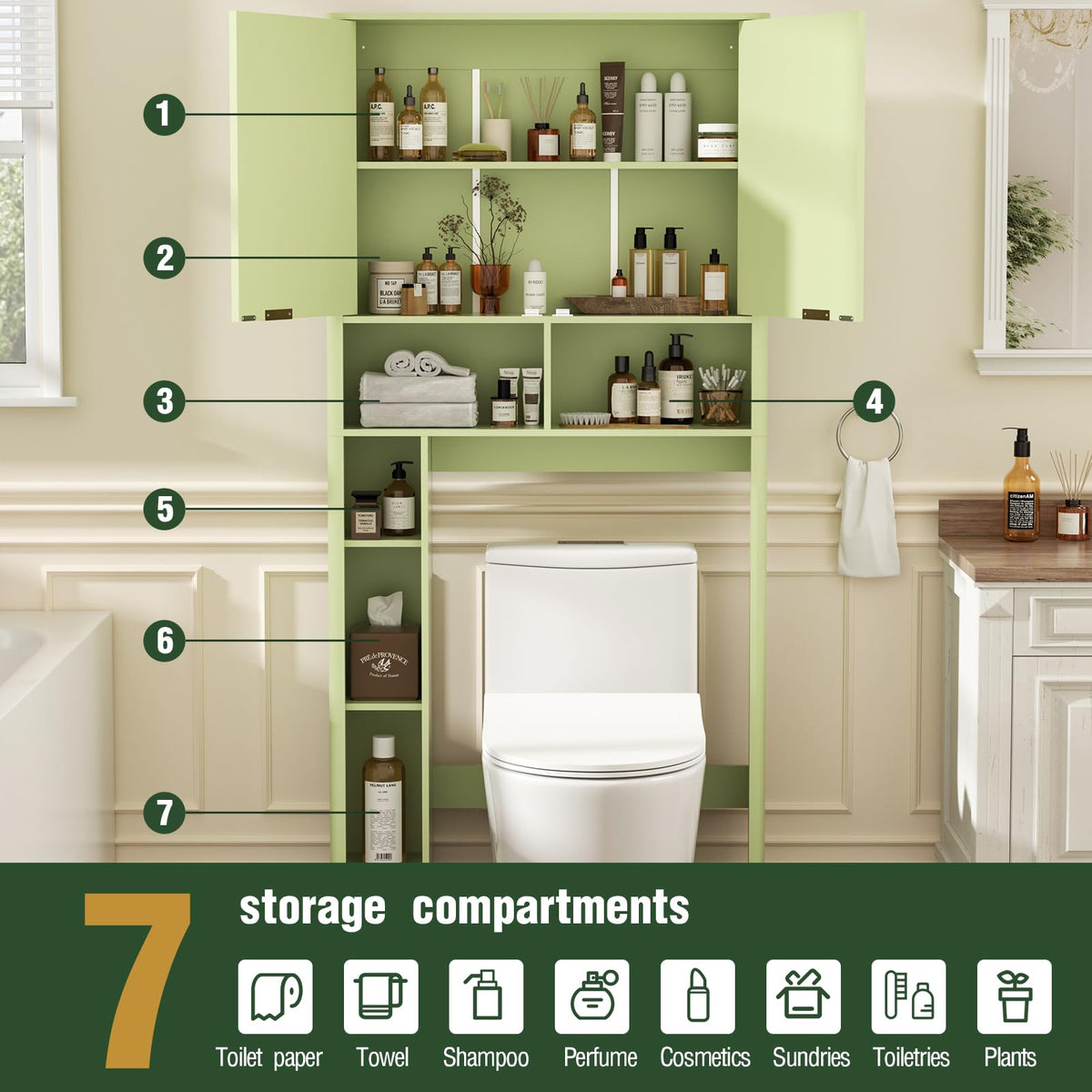 Green Over the Toilet Storage Cabinet with Adjustable Shelf A129678