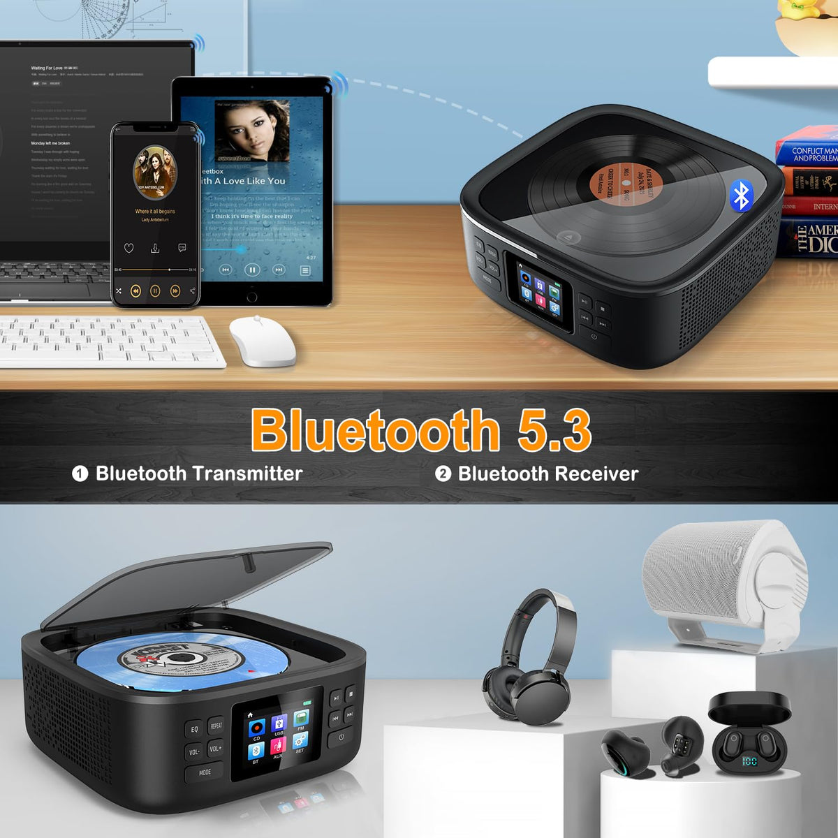 Portable CD Player with Bluetooth and Speakers T25394