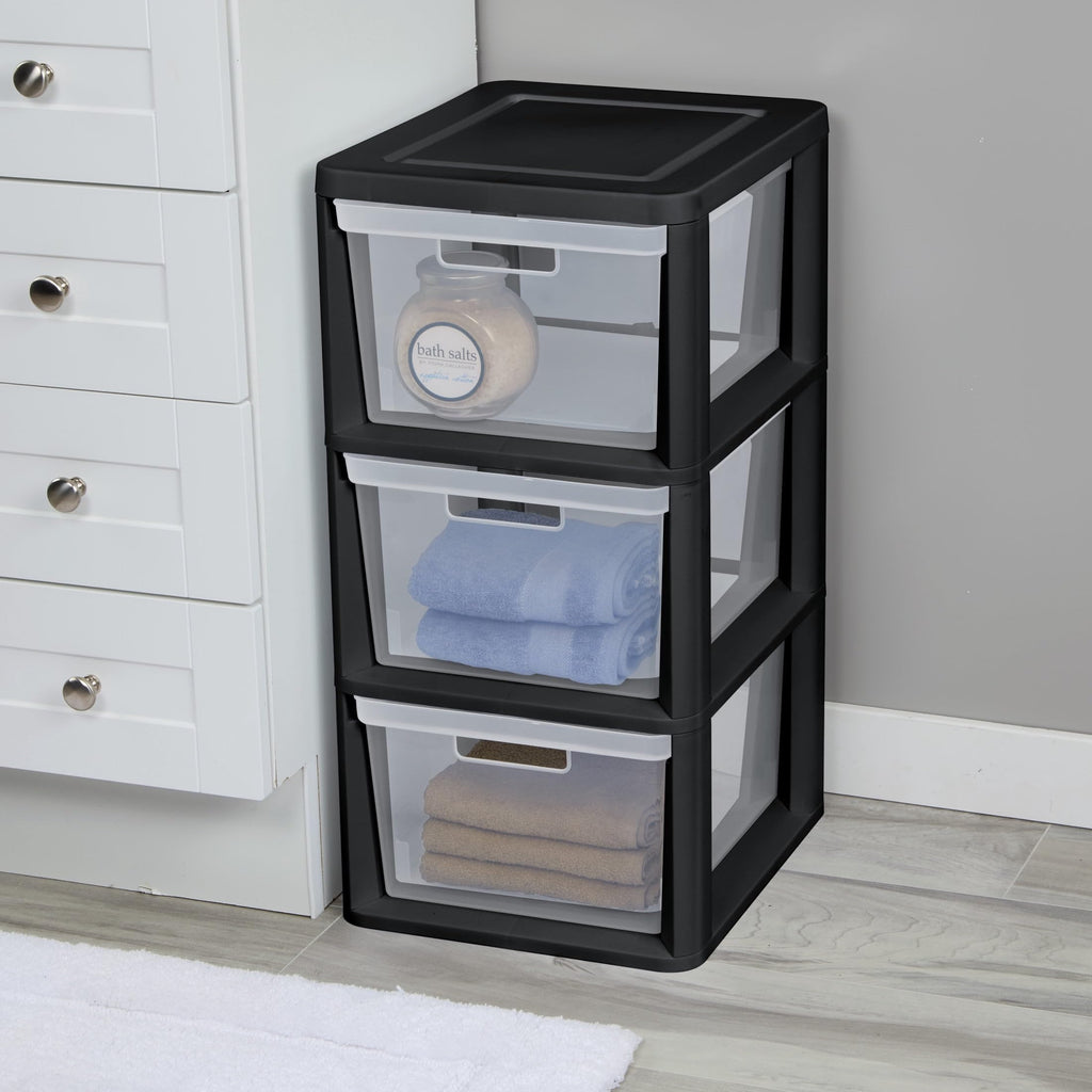 Black 3-Drawer Plastic Storage Tower with Clear Bins N35696