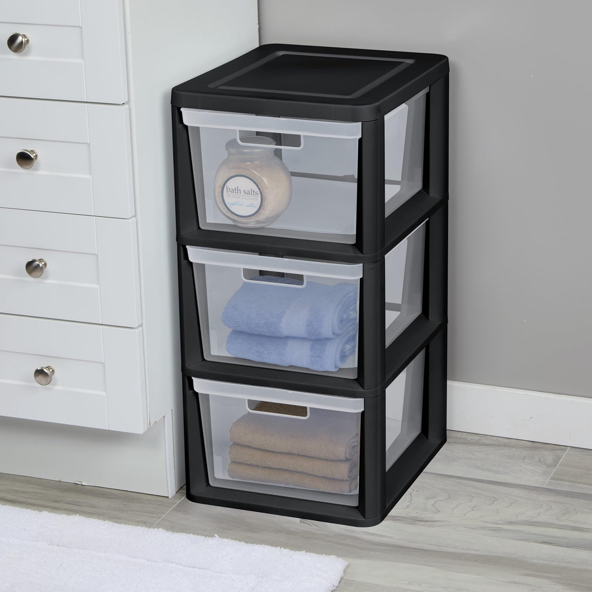 Black 3-Drawer Plastic Storage Tower with Clear Bins N35696