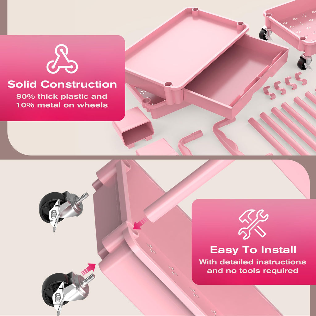 Pink 3 Tier Rolling Makeup Organizer Cart M52657