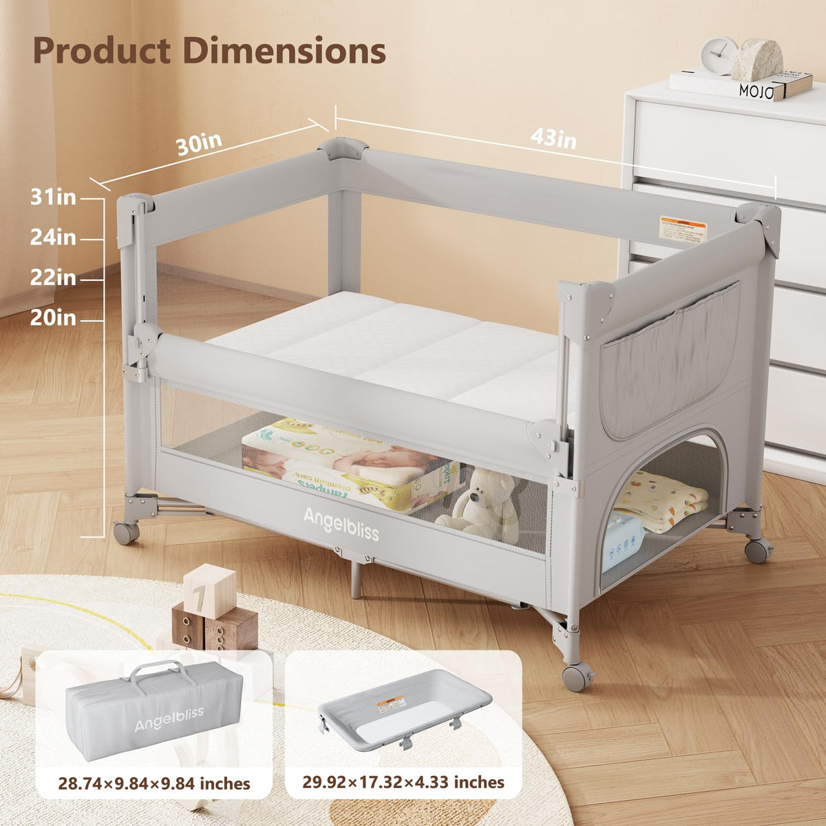 Pack and Play, Baby Bassinet Bedside Crib with Changer, Grey P206