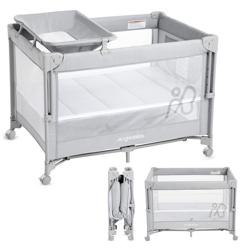 Pack and Play, Baby Bassinet Bedside Crib with Changer, Grey P206