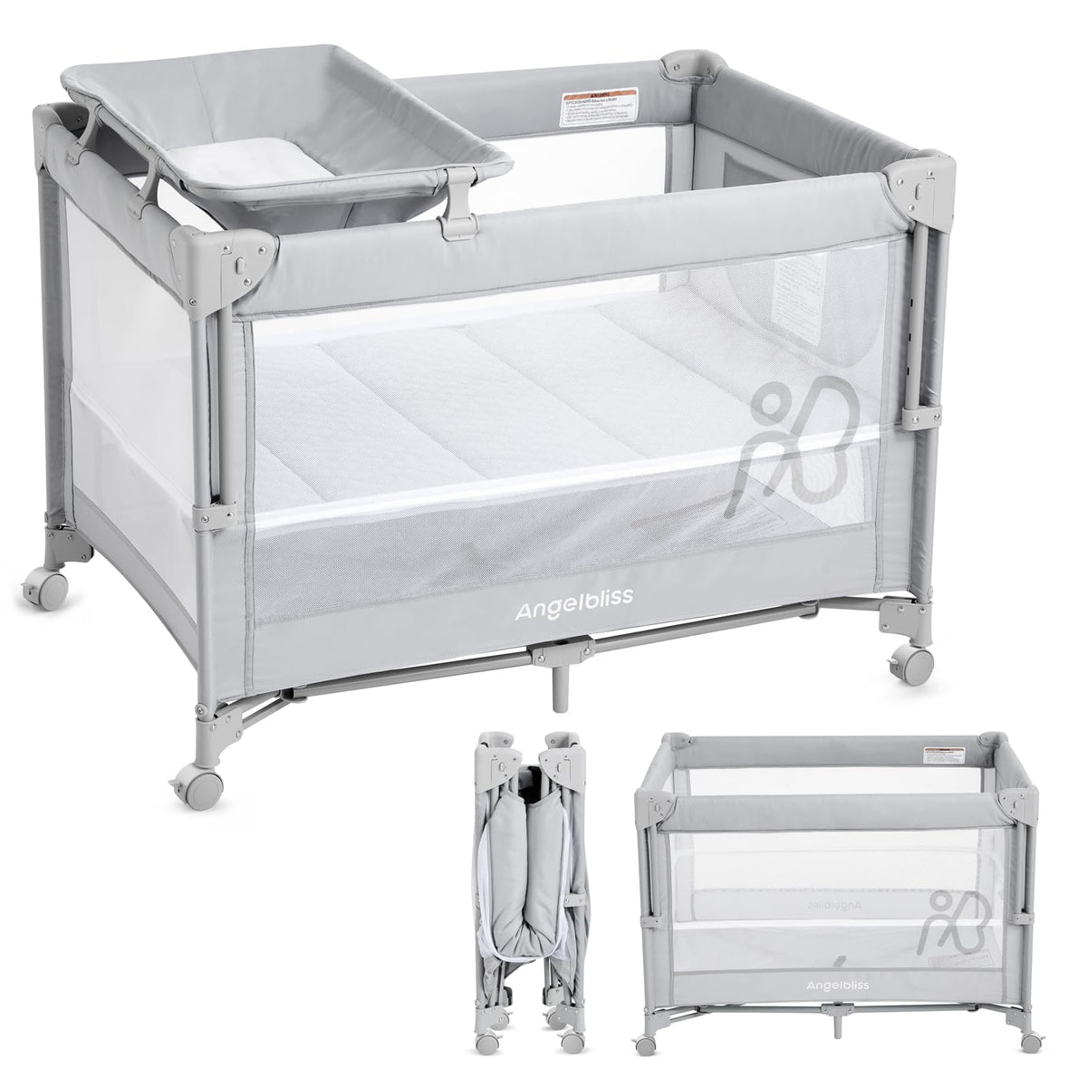 Pack and Play, Baby Bassinet Bedside Crib with Changer, Grey P206