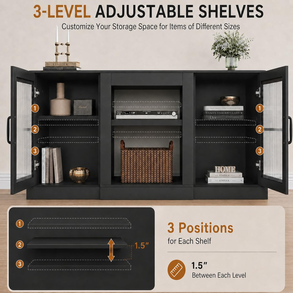 Black 58" TV Stand with Storage Cabinets and Adjustable Shelves A36333