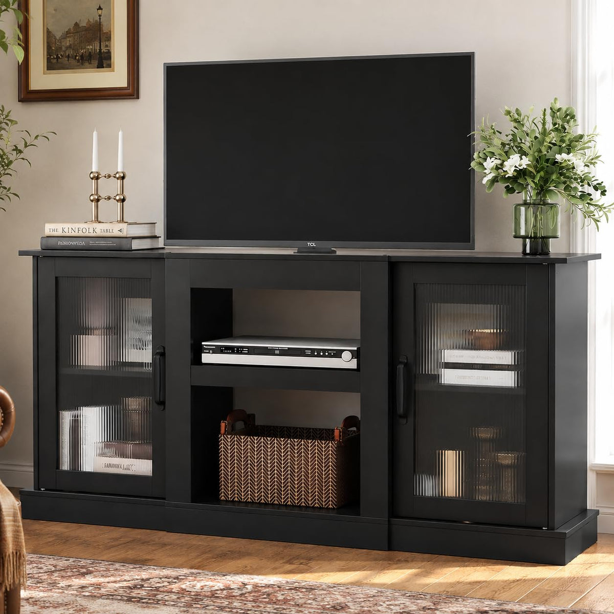 Black 58" TV Stand with Storage Cabinets and Adjustable Shelves A36333