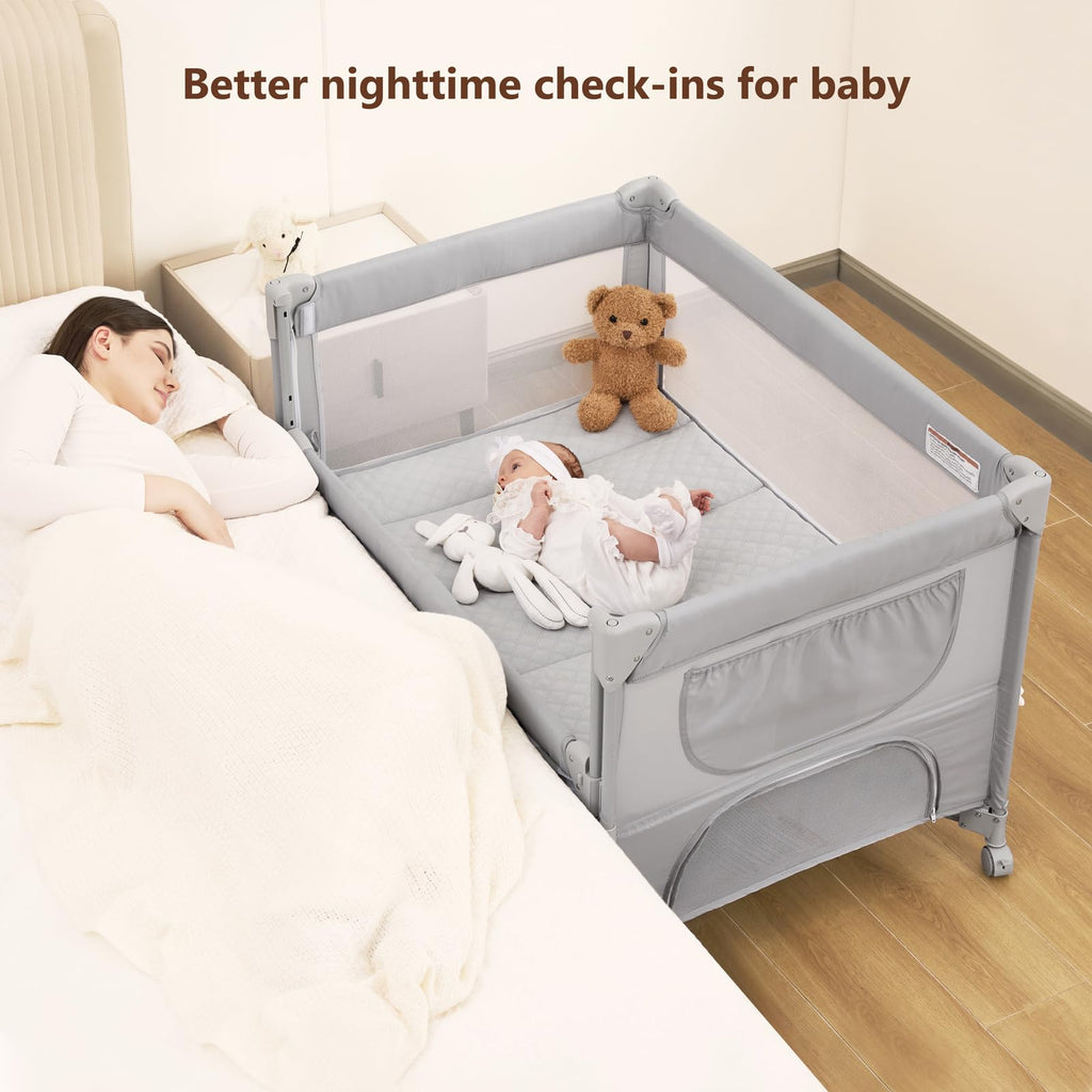 Pack and Play, Baby Bassinet Bedside Crib with Changer, Grey P206