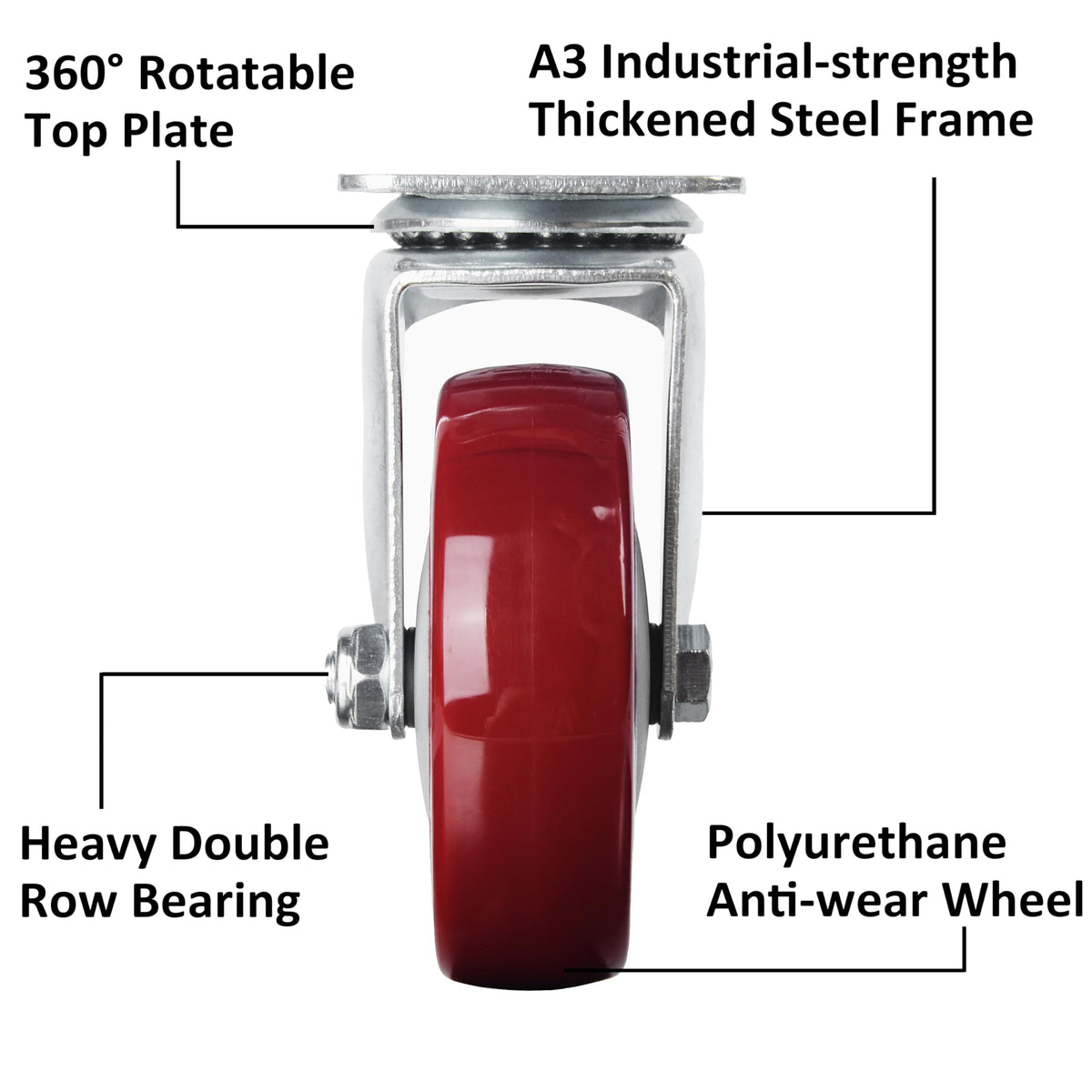 4” Swivel Plate Casters Set of 4 Heavy Duty Polyurethane Wheels Red G747