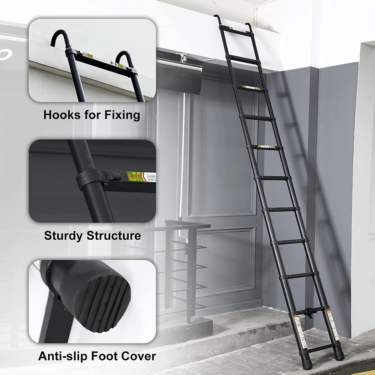 Black 20.3FT Aluminum Telescoping Ladder 330lbs Capacity X7352
