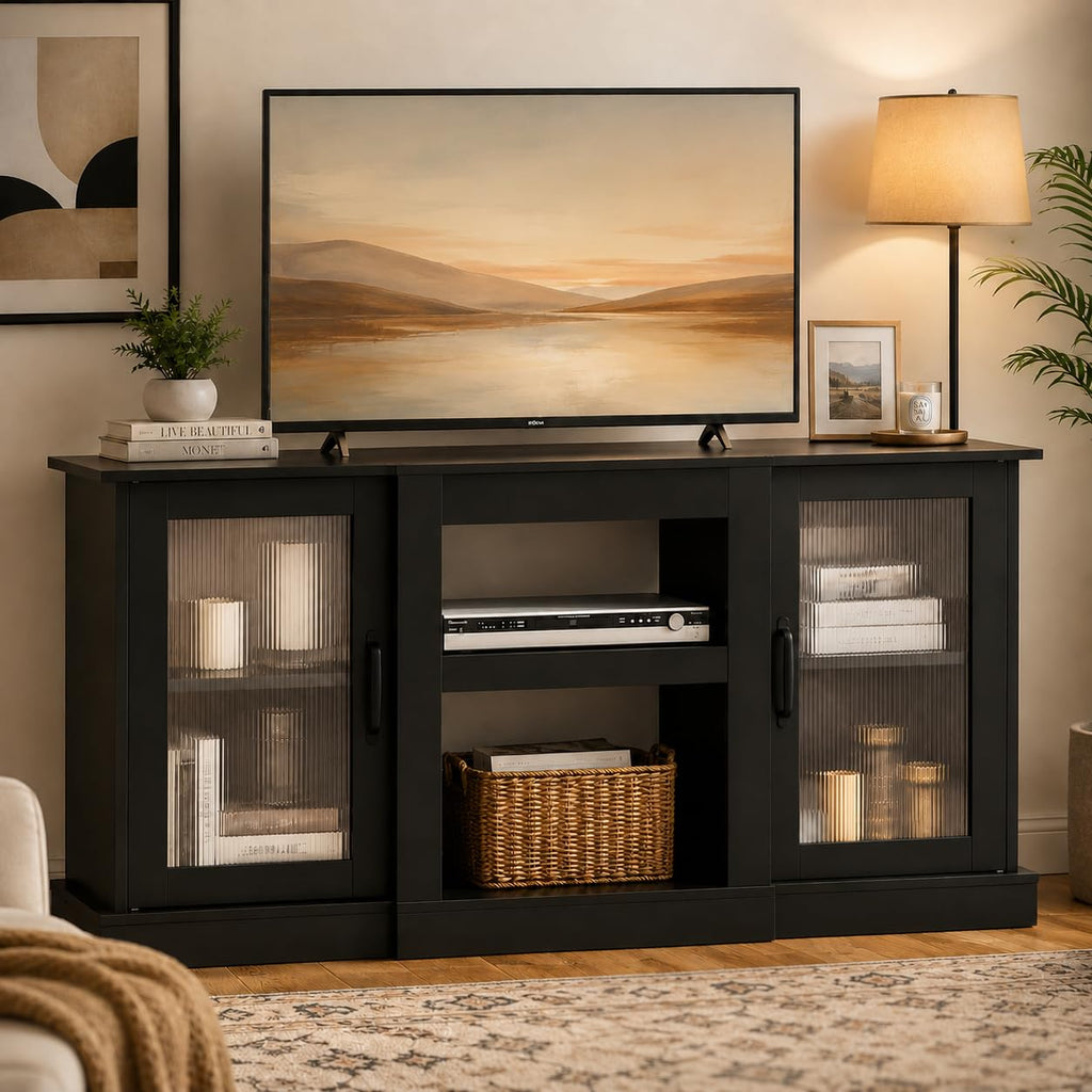 Black 58" TV Stand with Storage Cabinets and Adjustable Shelves A36333