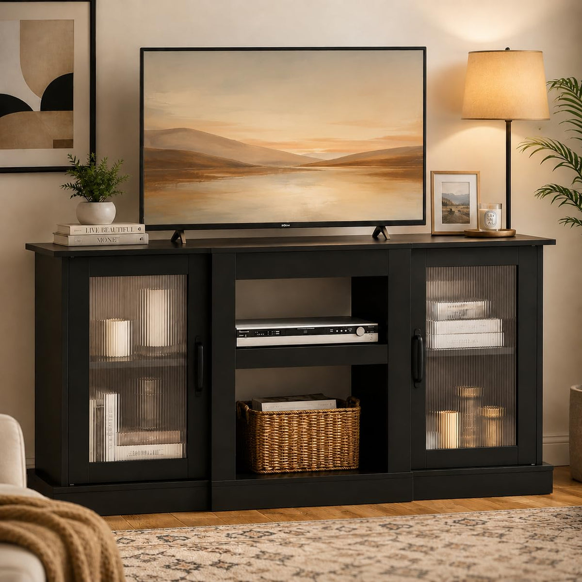 Black 58" TV Stand with Storage Cabinets and Adjustable Shelves A36333