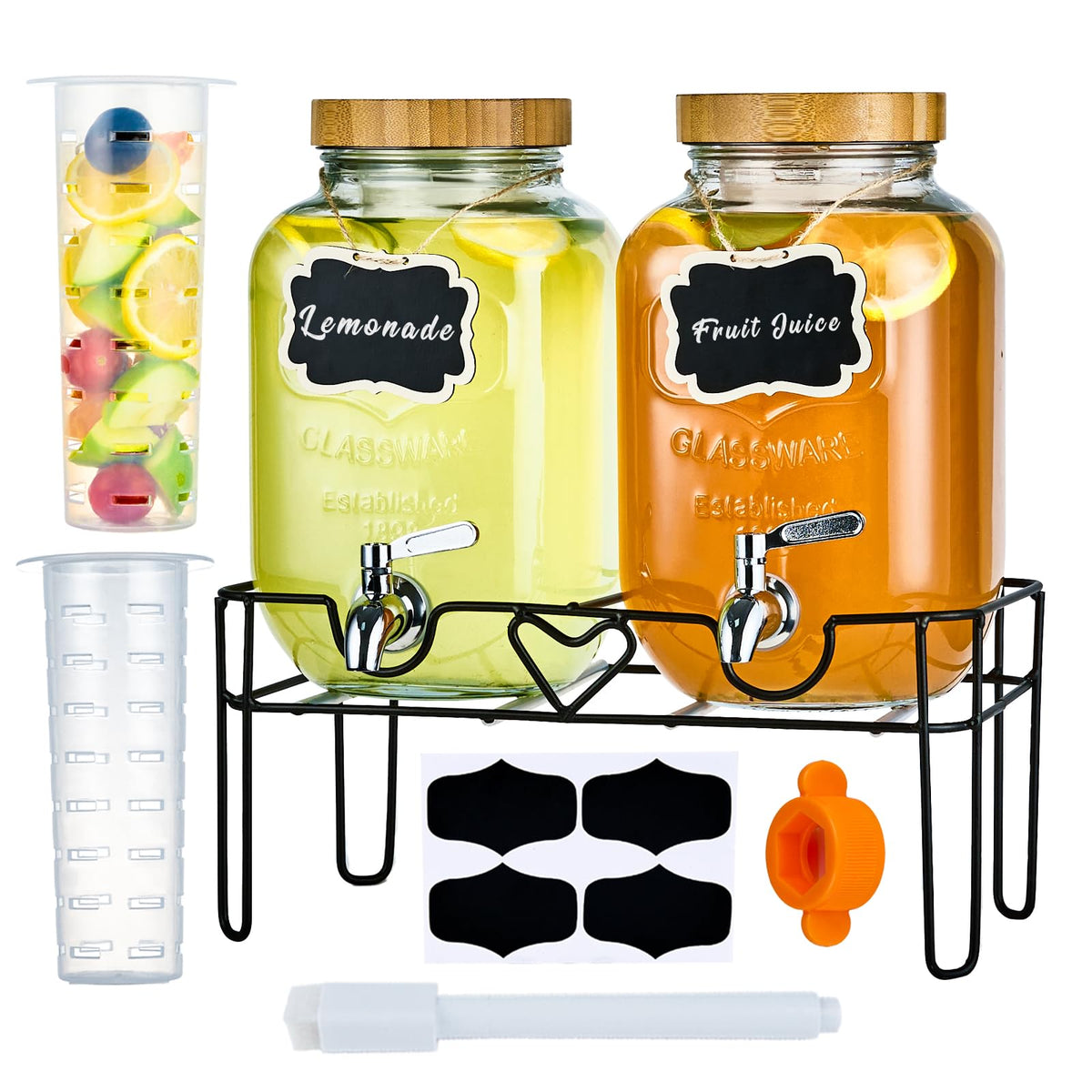 2 Pack 1 Gallon Glass Drink Dispenser with Stand and Fruit Infuser L47462