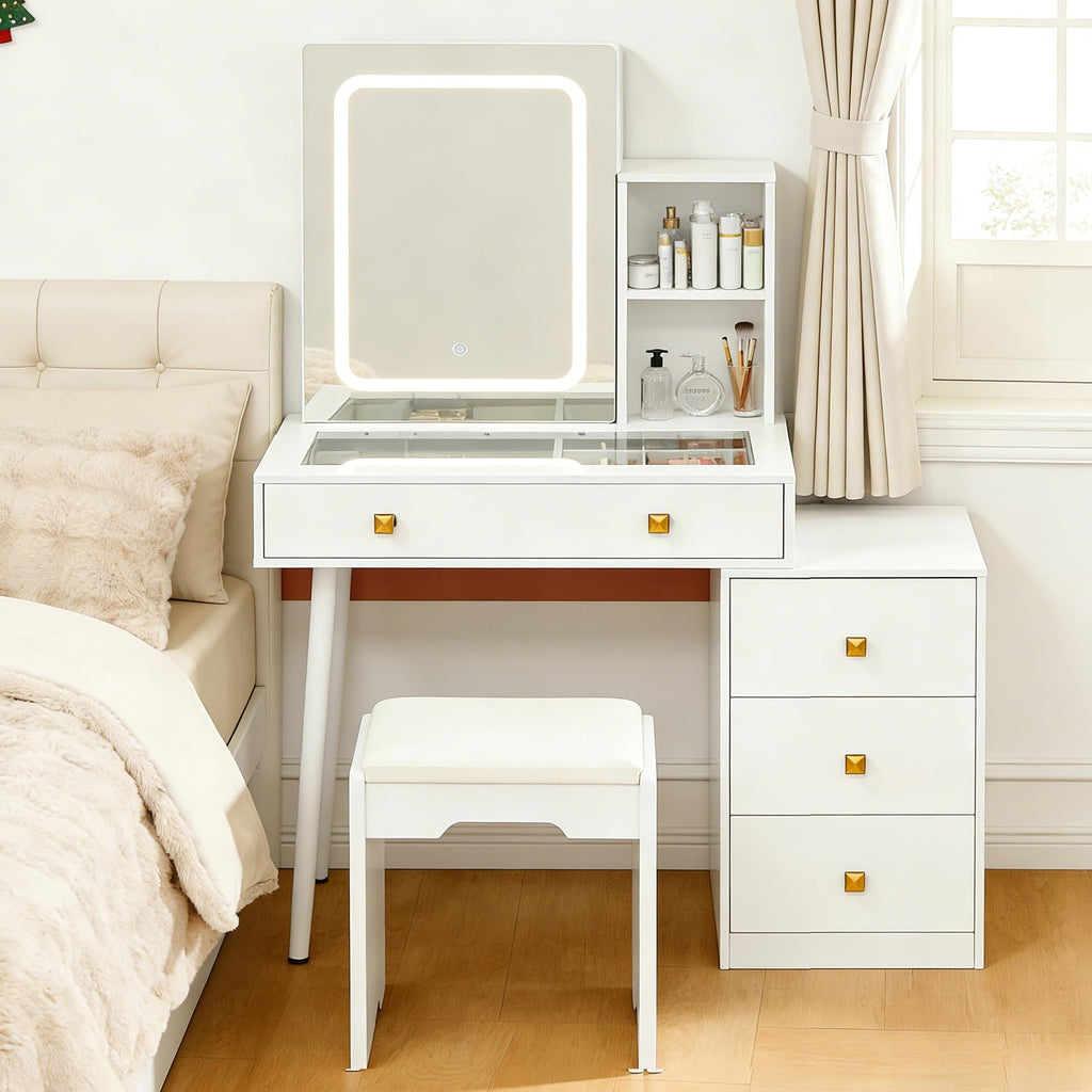 White Vanity Desk with Sliding Mirror and Lights, 4 Drawers, Stool L434