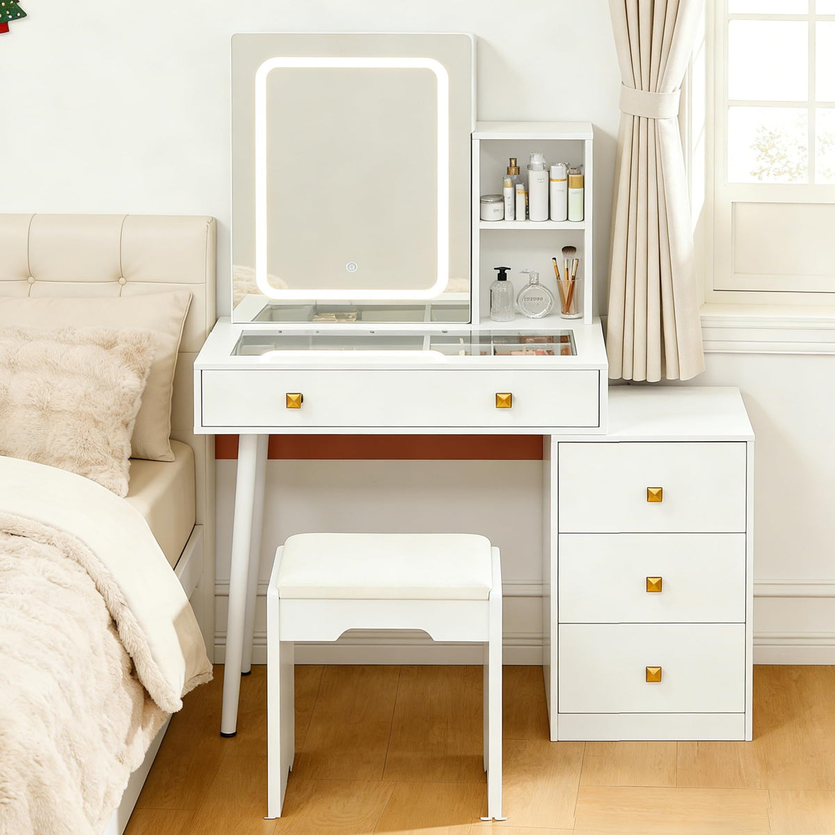 White Vanity Desk with Sliding Mirror and Lights, 4 Drawers, Stool L434