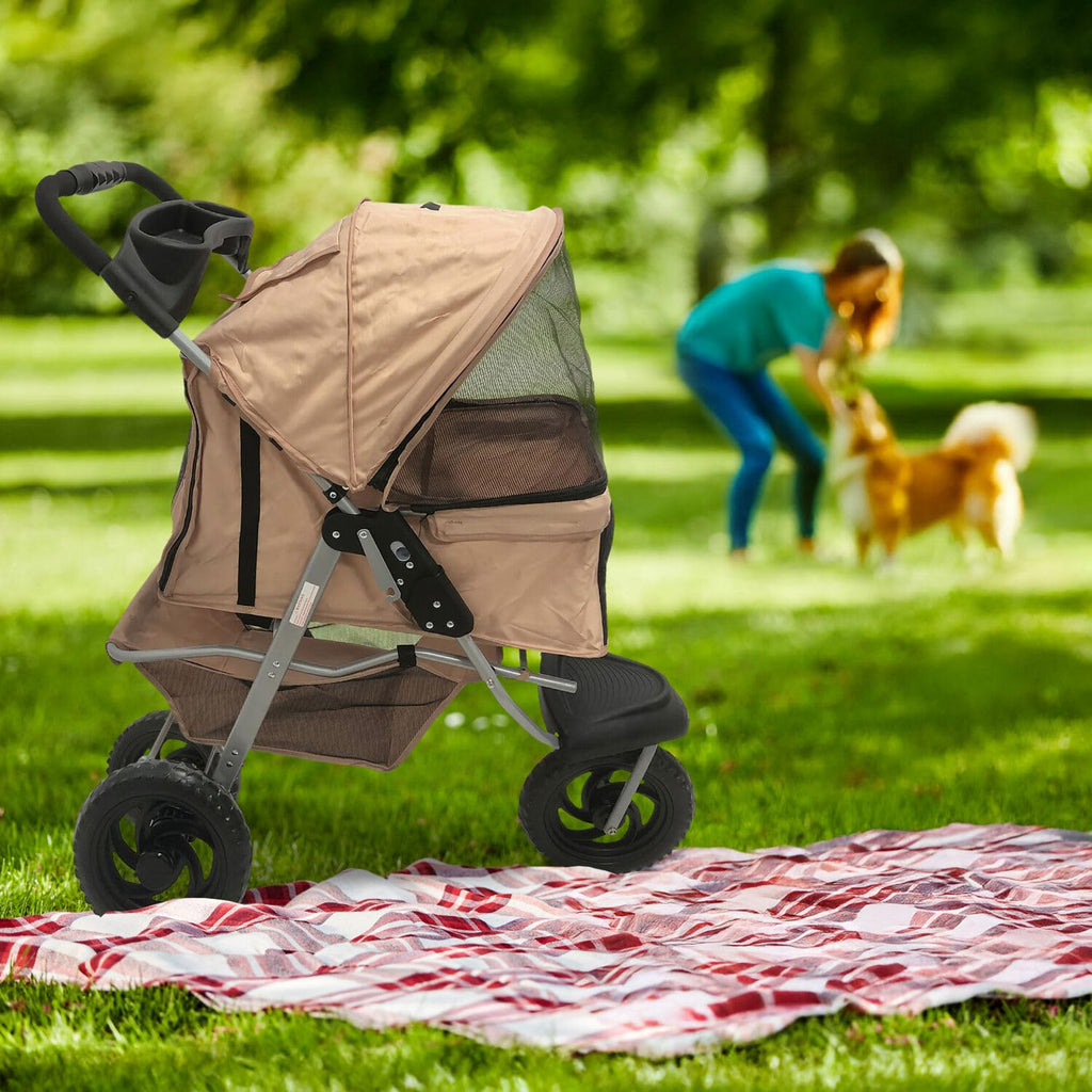 3-Wheel Dog Stroller with Storage Basket and Cup Holders, Tan C46401