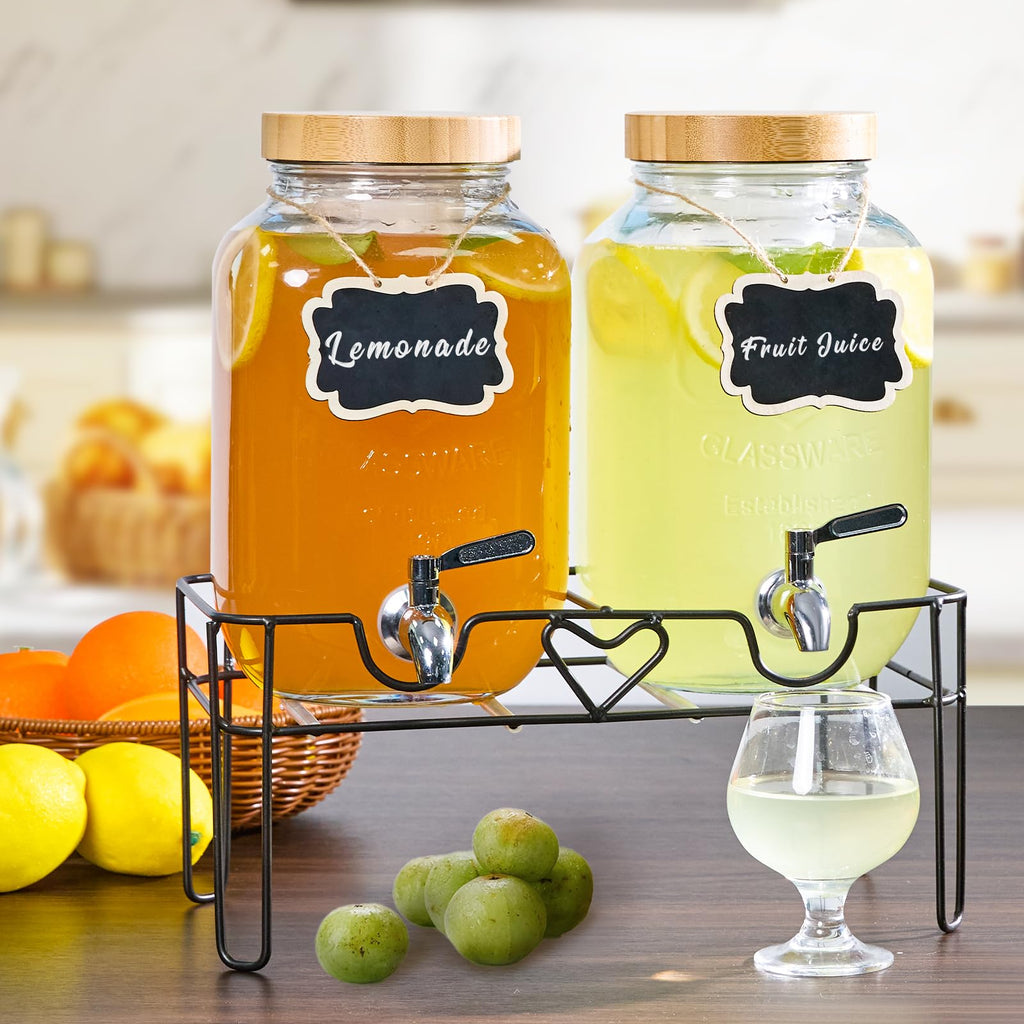 2 Pack 1 Gallon Glass Drink Dispenser with Stand and Fruit Infuser L47462
