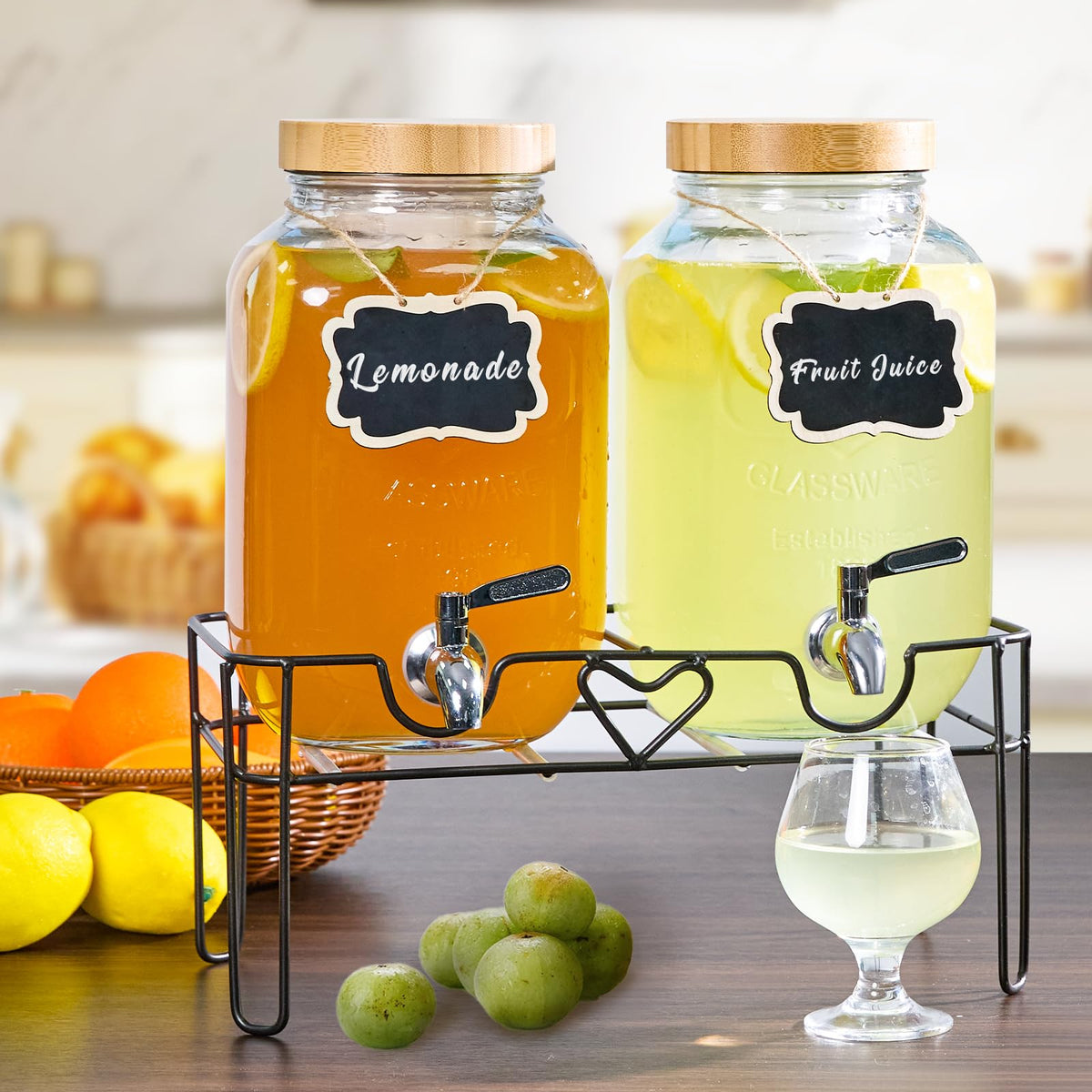 2 Pack 1 Gallon Glass Drink Dispenser with Stand and Fruit Infuser L47462