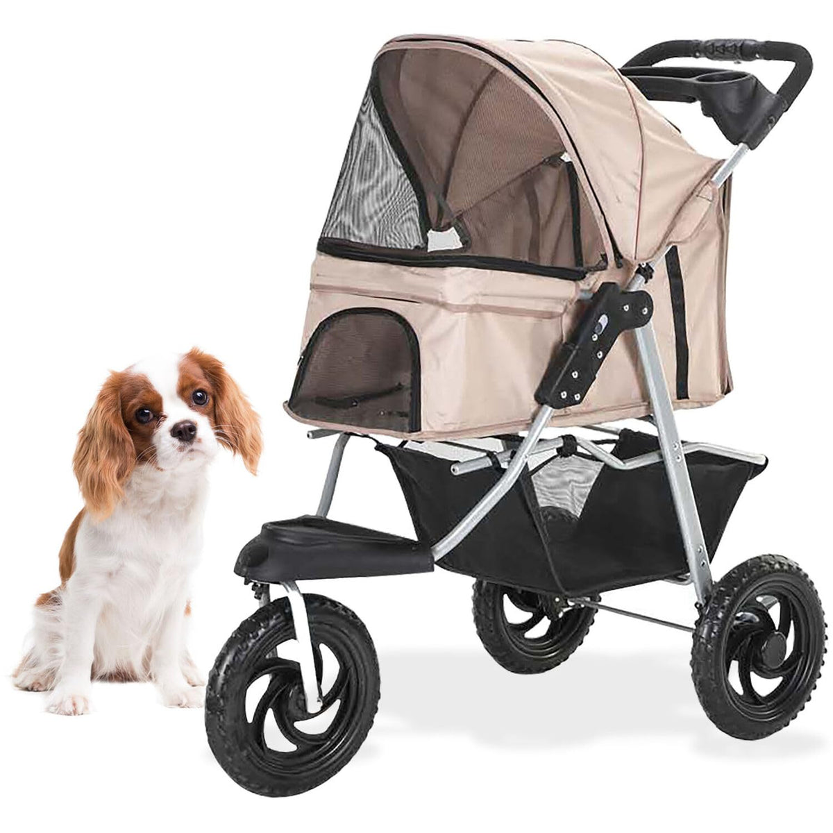 3-Wheel Dog Stroller with Storage Basket and Cup Holders, Tan C46401