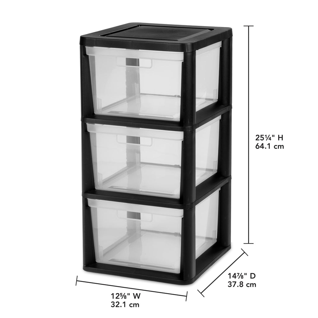 Black 3-Drawer Plastic Storage Tower with Clear Bins N35696