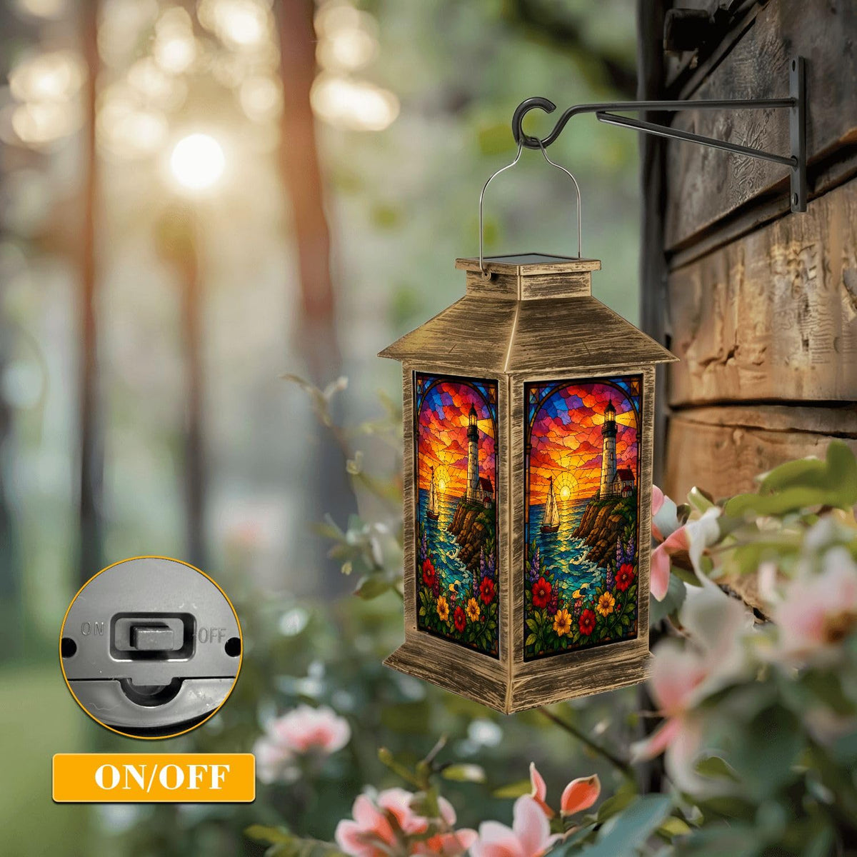 Solar Lantern Outdoor Waterproof Stained Glass Effect LED Hanging Tabletop Lamp I962676