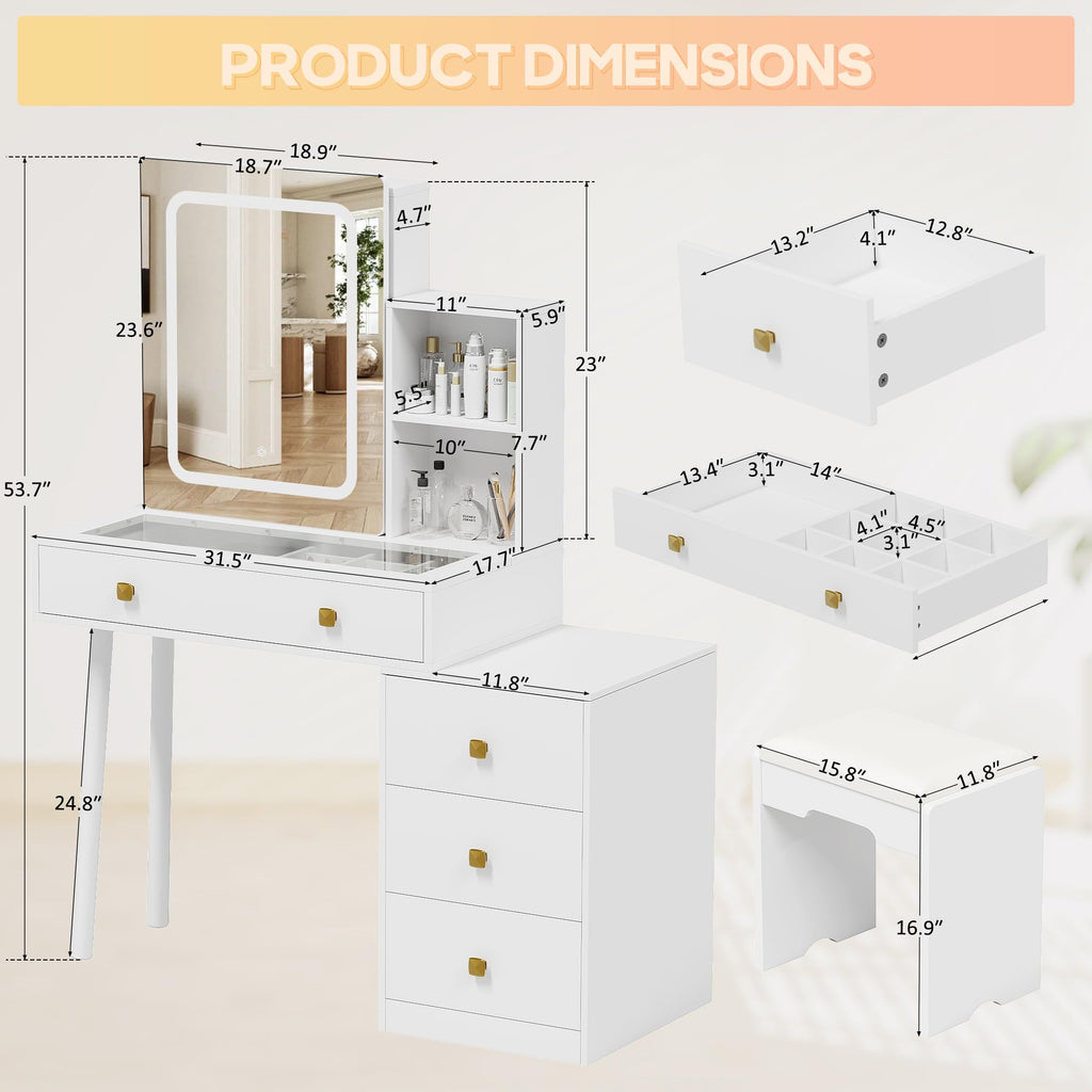 White Vanity Desk with Sliding Mirror and Lights, 4 Drawers, Stool L434