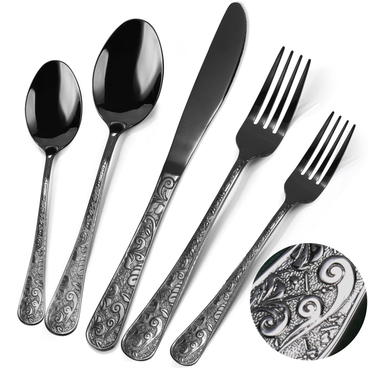 60-Piece Black Stainless Steel Flatware Set I480