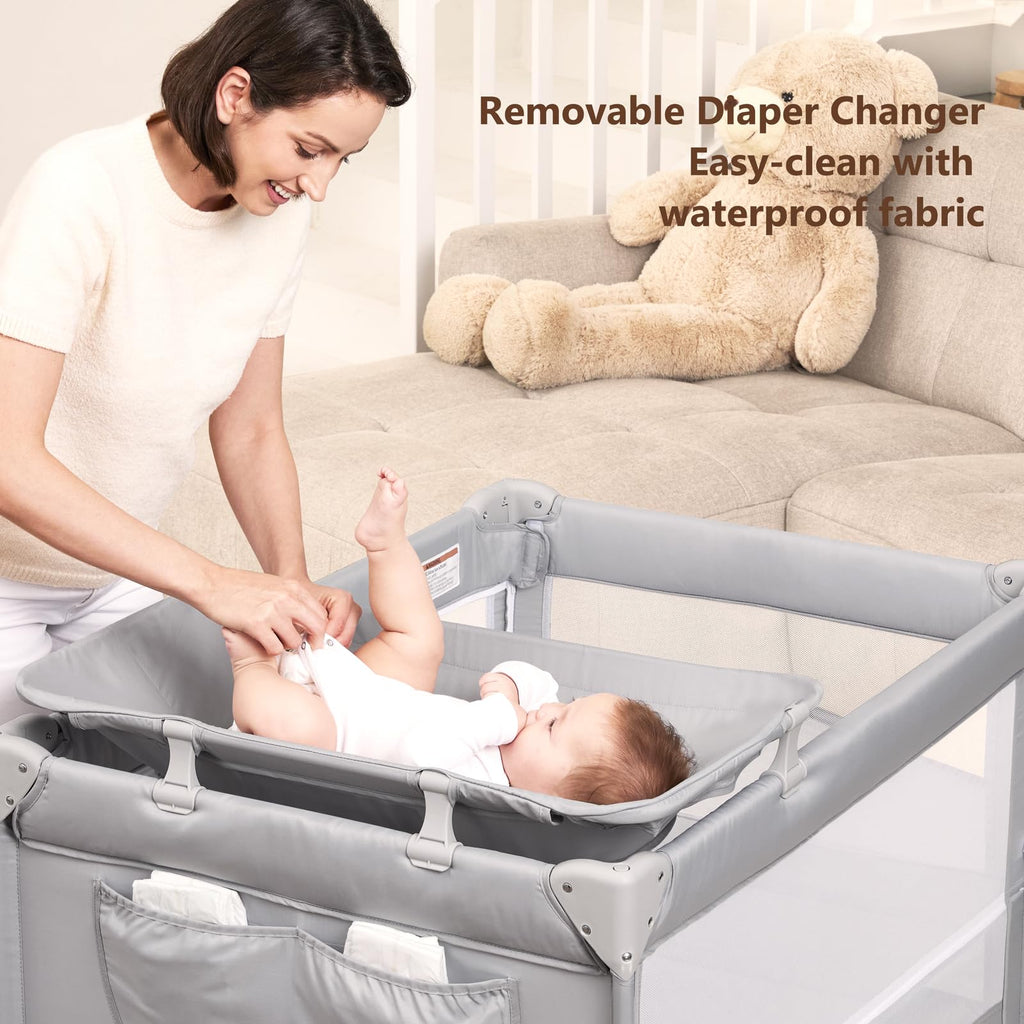 Pack and Play, Baby Bassinet Bedside Crib with Changer, Grey P206